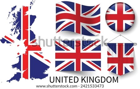 The various patterns of the United Kingdom national flags and the map of the United Kingdom borders