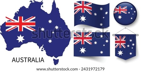 The various patterns of Australia national flags and the map of Australia's borders