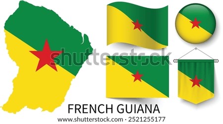 The various patterns of French Guiana national flags and the map of French Guiana's borders