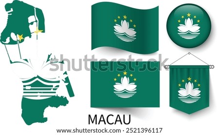 The various patterns of Macau national flags and the map of Macau's borders