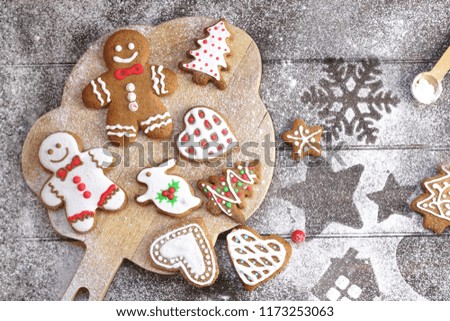 Similar – Image, Stock Photo Various Christmas gingerbread, cookies, sweets with dried orange and cinnamon sticks in tray on dark table. Delicious traditional Christmas sweets and flavor. Top view.