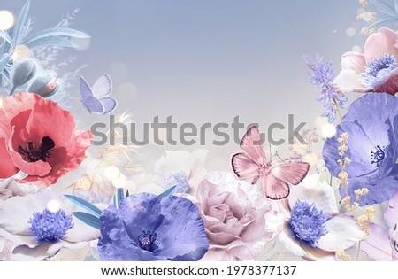 Floral background for congratulations in gentle pastel light pink and purple colors. Flowers anemones, poppies and butterfly with author's toning.