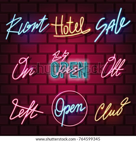 Set neon sign. Neon sign, bright signboard, light banner. Vector icons