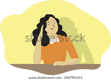 A girl with dark hair is sitting at a table, thoughtfully leaning on her hand. Experiencing, misunderstanding, searching for answers to questions.