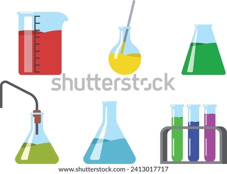 Laboratory glassware. Laboratory test tubes, a vial with a dropper, a measuring cup. Beakers with different reagents.