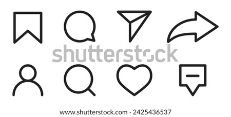 A set of linear social media interface icons, such as comments, share, save, like, search, send, message, and a person icon.