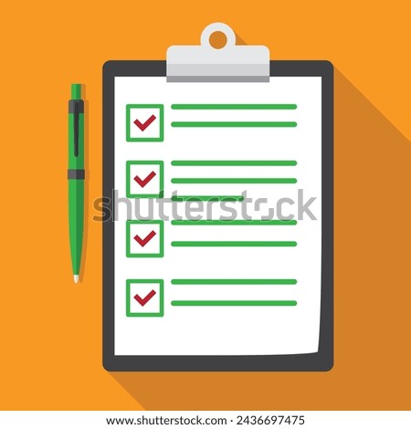 Clipboard with checklist and pen in flat design, vector illustration on orange background.