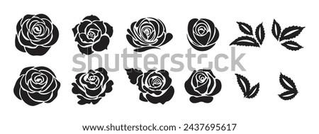 Set of silhouettes of roses with leaves, black silhouette of a flower isolated on a white background.