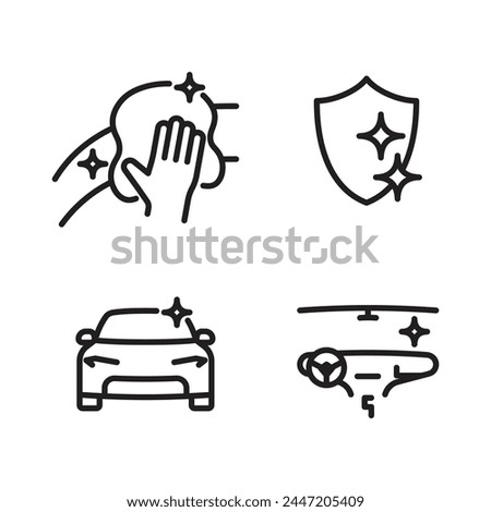 A set of car cleanliness icons, a car, a shiny car panel, a shield and a hand with a rag.