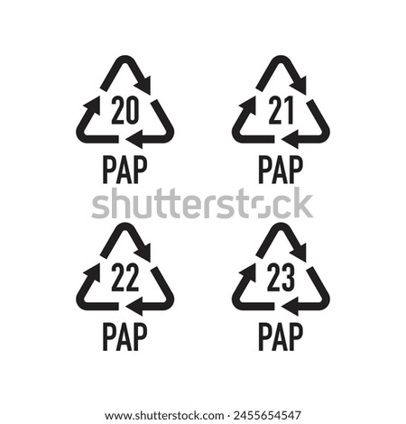 A set of symbols for paper recycling. Recycling codes, symbols for material classification.