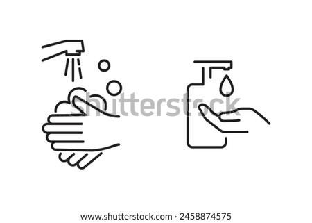 A set of linear icons for washing hands under the tap and using liquid detergent in a bottle.