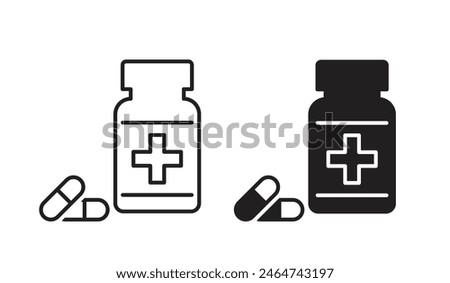 Set of pill bottle icons, bottle with a medical cross, isolated on a white background.