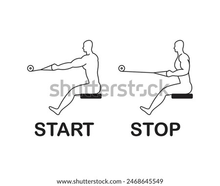 Pulling a horizontal block, athletic exercise on a gym machine, a line drawing of a person doing sports.