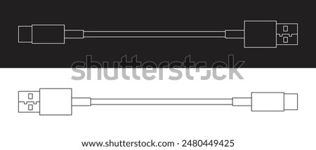 Charging cable, wires with USB-C and USB-A ports, outline vector black and white images. 