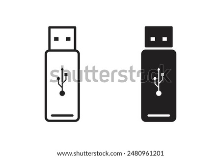 A set of icons of a flash drive, USB flash drive, flash drive, black and white isolated on a white background.