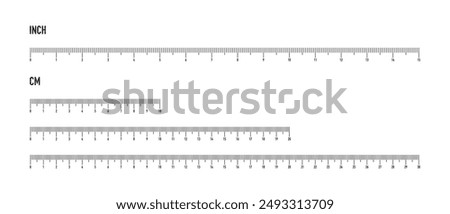 A set of scales in centimeters and inches, 10, 20, 30 cm. and a 15-inch scale. Markings for the ruler.