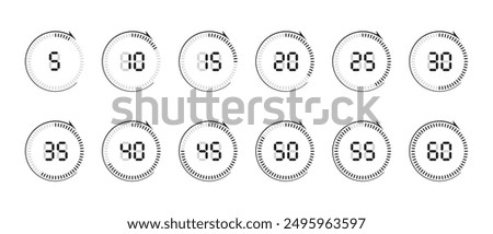 A set of digital timer icons with arrows. For five, ten, fifteen minutes, etc. Stopwatches.