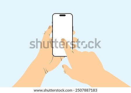 Hands holding a smartphone, empty screen, finger touch, phone screen template.