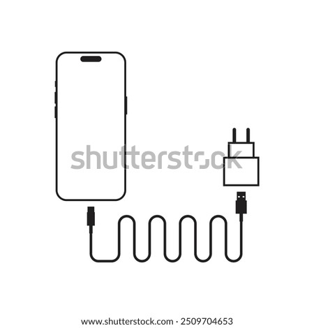 Illustration of a phone, with power adapter, USB cable with wavy shape, simple design.