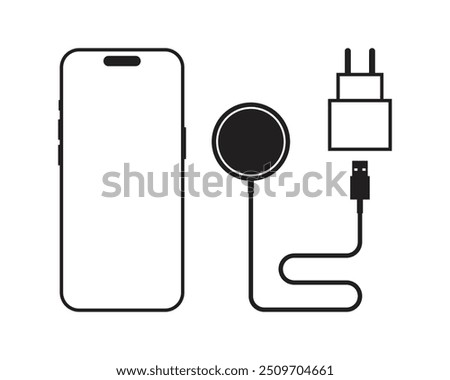 Illustration of phone, wireless charger, and power adapter icons on a white background.