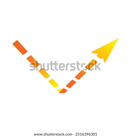 An orange-to-yellow gradient arrow pointing upward with a dashed line forming a sharp V-shape.