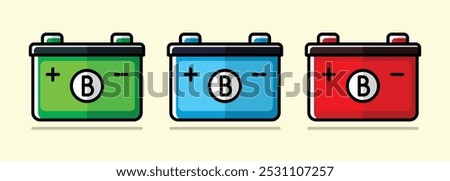 Illustration of three car batteries in green, blue, and red with plus and minus signs on a beige background.