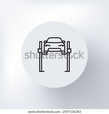 Minimalistic car icon on a lift used in car services, in a circle on a light gray background.