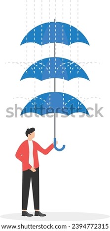 Having various business protection plans, operations against potential risks and uncertainties, insurance policy concept, Businessman spreading multi layer umbrella to cover rain.

