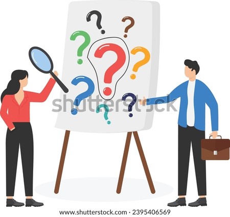 Collaboration for solving problems according to priority, focus on key question to find answer or solution at first concept. Businessmen and businesswomen focusing on big question sign on board.

