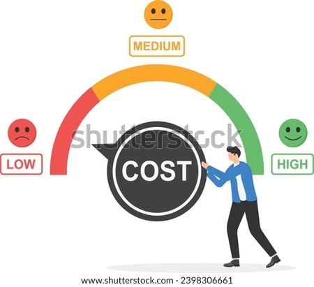 Businessmen turning the cost dial to a low. Cost cutting and efficiency concept. Modern vector illustration in flat style

