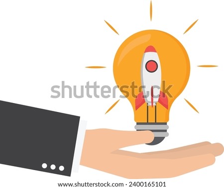 Entrepreneurship, setting up new business, motivation to create new business ideas and make it a success concept, businessman start up company owner pick the hand innovative rocket inside lightbulb id