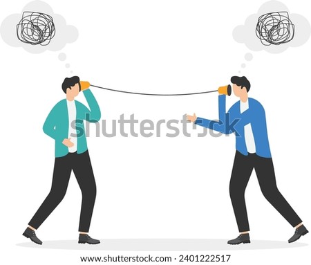 Bad communication, misunderstanding creates confusion in work, miscommunicating unclear messages and information concepts, businessmen talking through messy chaos, tangled phone line make other confus