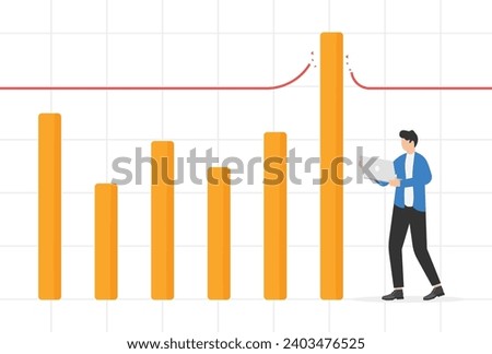 Record breaking sales, earning exceed expectation, surpassing business target concept, Cheerful businessman seeing bar graph breaking through record line.

