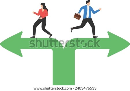 Breakup of business partner, project team dissolution, conflict of interest, disagreement of opinion concept, Businessman and businesswoman walking in opposite directions of split arrow.
