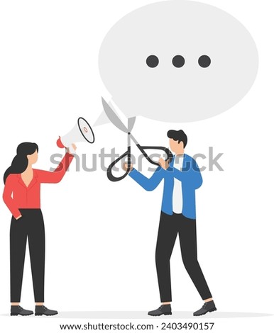 Right to speak, freedom of speech or truth or negative censorship, delete or remove opponent opinion, government and politics concept, mystery man using paint removing or censor woman speech bubble.


