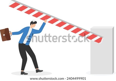 businessman knocked off balance by automated bar barrier at boom gate. Vector illustration on concept for unexpected hazards and personal accidents
