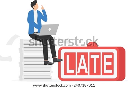 Young businessman with laptop panicked because his assignment was sent late. Late concept. Colored flat Vector Illustration.

