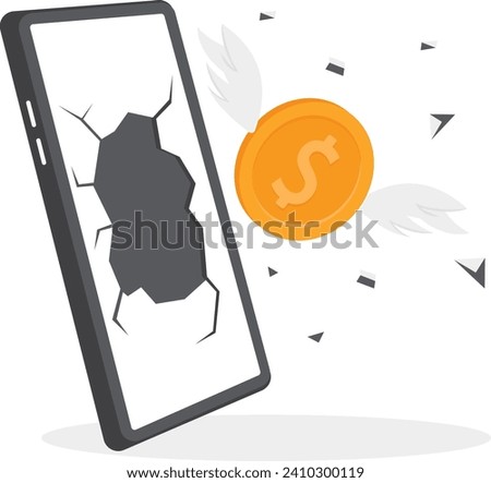 Dollar coins with wings fly coming out of a smartphone screen. Financial investments in creative projects and into innovation. Business, Company, Funds, gold. Flat vector illustration.


