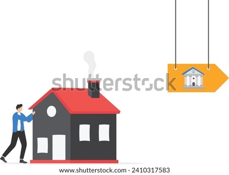 Mortgage Refinancing Loan-male push house to the bank. Vector illustration in flat style.


