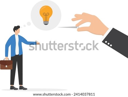 Hand with a pin about to burst a balloon with ideas. Concept business illustration. Vector flat


