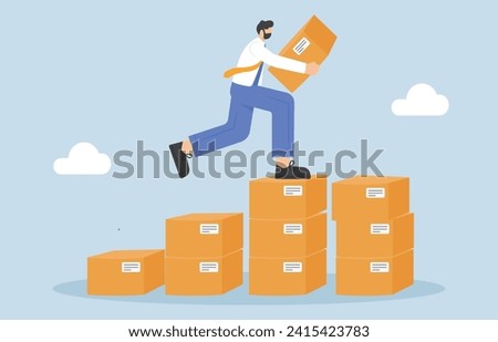 Increase online sales, growing ecommerce business, receiving more product orders from customers concept, Businessman building higher pile of parcel boxes.

