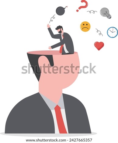 Declutter your mind, clear your brain to regain focus, improve creative thinking ability, free up memory concept, ambitious businessman declutter, clean and clear all messy anxiety from his big head.
