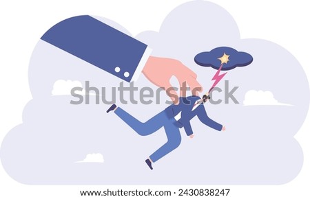 Big hand dropping off a businessman with briefcase, Boss kicked out employee office image, illustration vector cartoon

