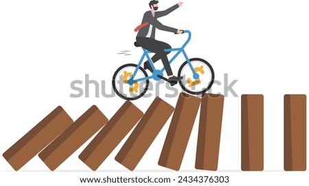 Business disruption, new disruptive innovation change, transform business and disrupt existing competitor company concept, smart innovative businessman surf fast bicycle hit all dominos collapse.

