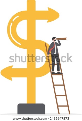 Money decision, investment choice or option to make profit, buy or rent, pay off debt or invest, select best earning asset, confused businessman investor choose dollar direction signs.
