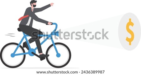 Businessman team riding a bicycle with flashlight and searching dollar sign. Concept currency, Financial, Successful

