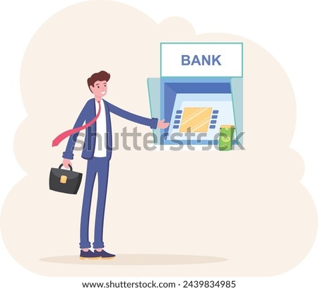 Businessman withdrawing money from ATM . Business man in the suit stands near ATM and take cash money in his briefcase. Vector, illustration, flat

