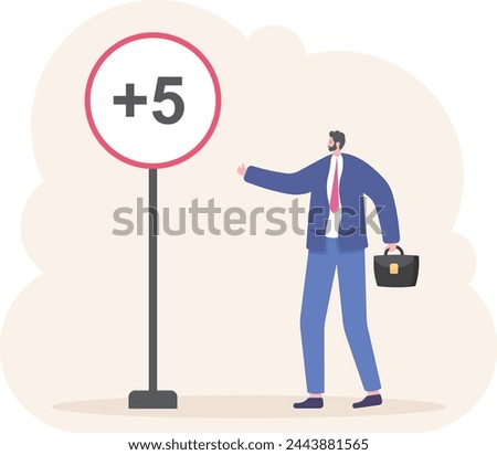 Businessman holds a sign with text plus five.
