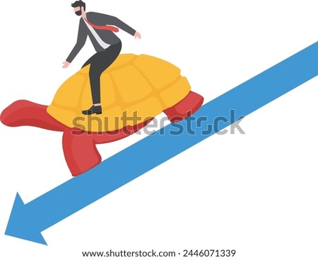 World economic slow down, GDP growth slowly or decline in recession concept, depressed sad businessman riding slow walking snail on economic graph and chart.
