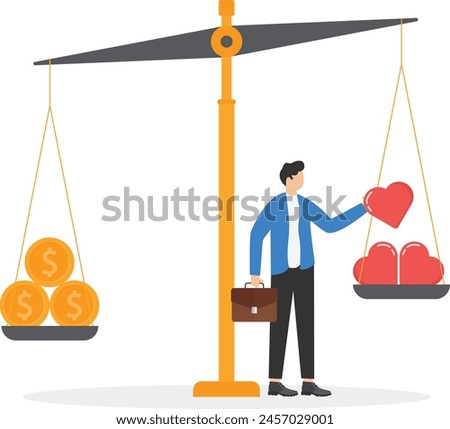 businessman with the golden coins and heart icon on her hand.Concept of work and life balance.Vector flat design illustration
